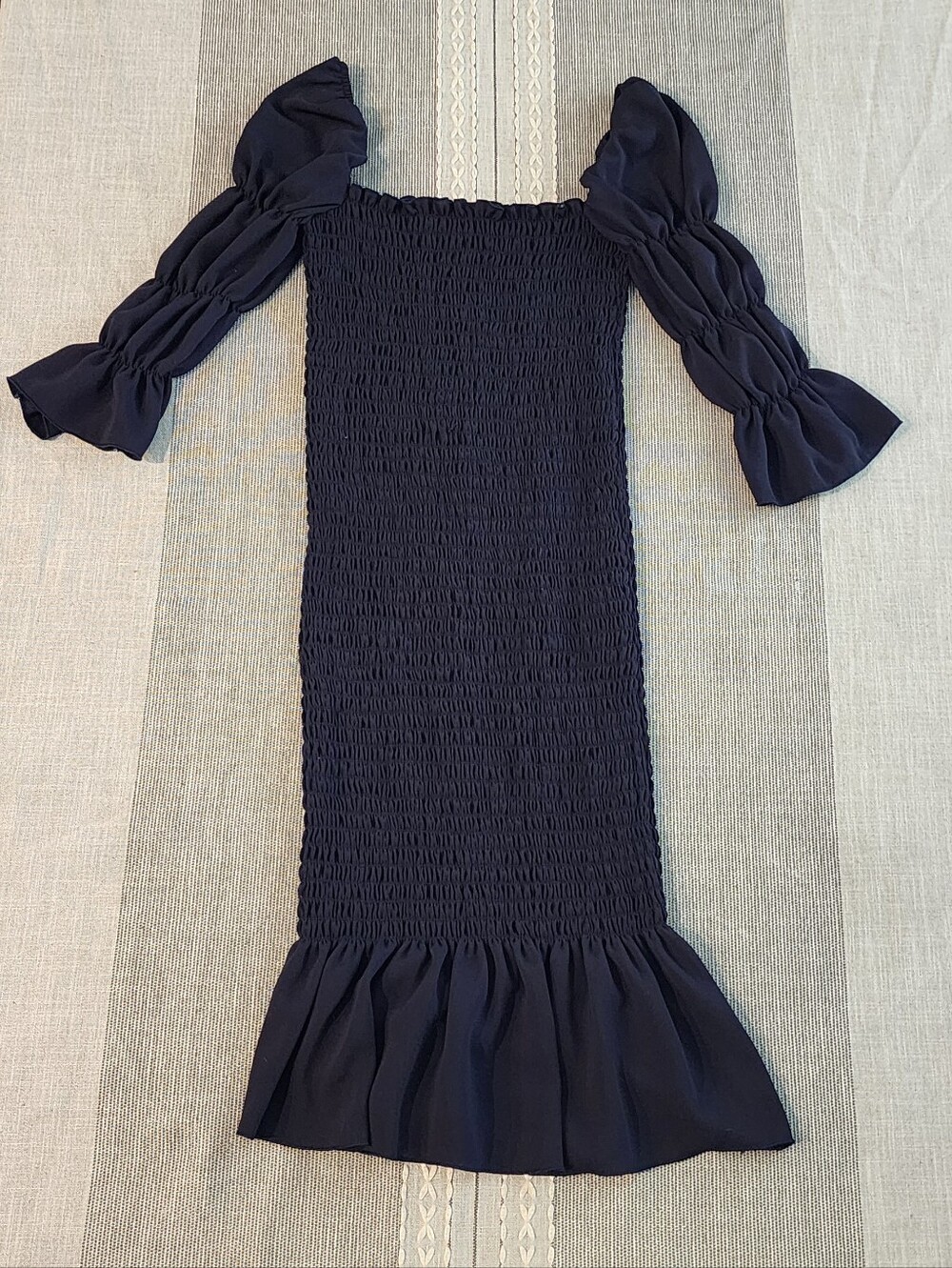 Navy Off-Shoulder Smocked Midi Dress with Puff Sleeves